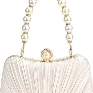 Satin Pearl Evening Clutch Purse Shoulder Bag with Chain and Pearl Accents